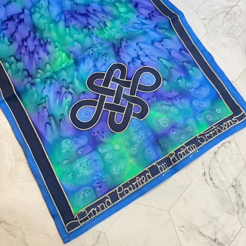 Hand Painted Silk Scarf Kathy Scrivens Blue Green Made In Scotland 11x57
